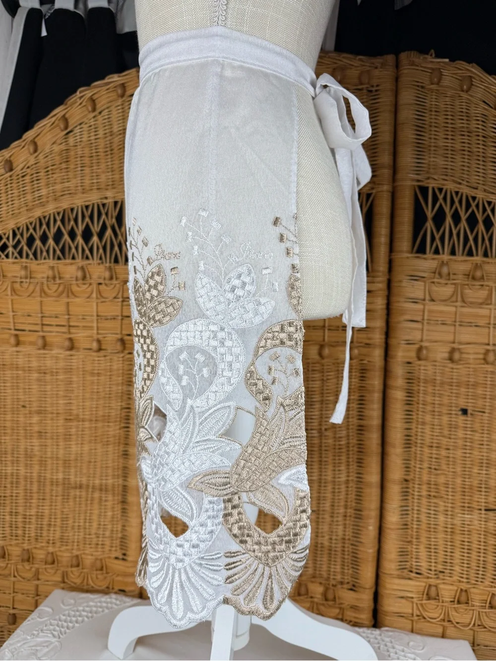 Elegant White & Champagne Embroidered Lace Tie-Waist Apron Skirt